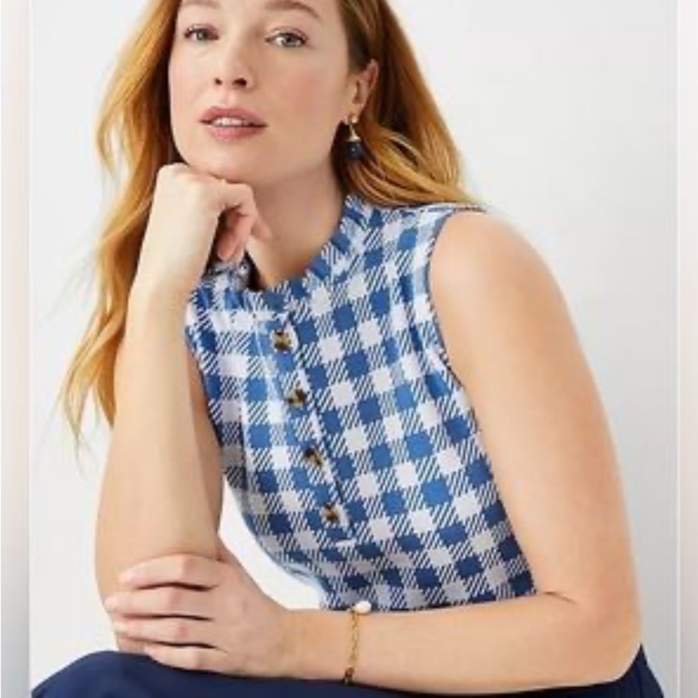 Ann Taylor Womens Sz Large Blue gingham plaid Ruffled High Neckline Cotton Blend